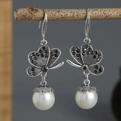 Vintage Butterfly Pearl Earrings - Rhinestone Boho Drop Jewelry