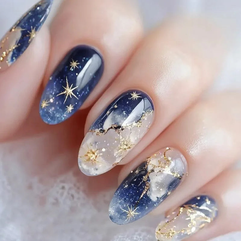 Y2K Star & Moon Press On Nails - Gradient Blue French Tips (24pcs)