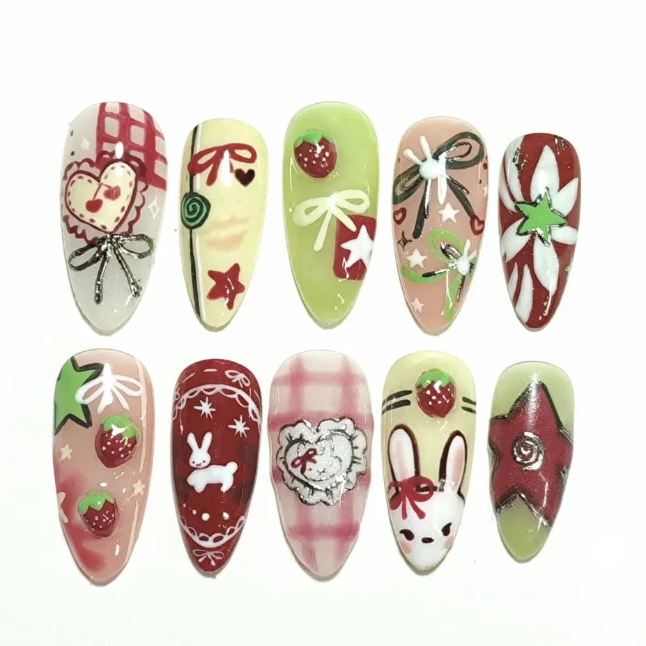 24-Piece Almond Press-On Nails - Wine Red Blush Floral Design Summer Set